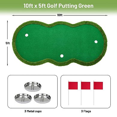 10 * 5FT Golf Putting Practice Putting Green Mat, Golfing Training Mat with 3 Cups & 3 Flags