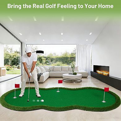 10 * 5FT Golf Putting Practice Putting Green Mat, Golfing Training Mat with 3 Cups & 3 Flags