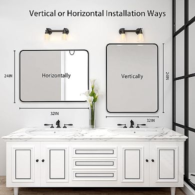 24x32 Inch Black Metal Framed Rectangular Bathroom Wall Mirror