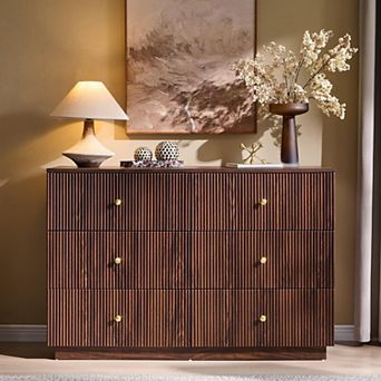 Modern 6-Drawer Fluted Dresser 47" Wood Chest of Drawers, Storage Organizer for Bedroom Living Room