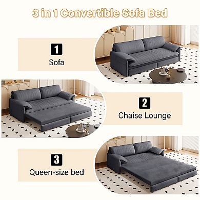 Pnronnc Convertible Velvet Sofa, Queen Pull Out 3-in-1 Sofa Bed with Side Storage