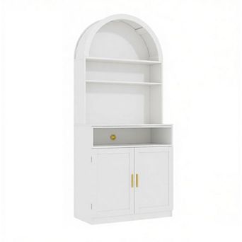 71" Tall Arched Kitchen Pantry Cabinet, with Hidden Drawer and Spacious Countertop