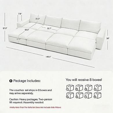 146.5" Oversized Cloud Couch, Sectional 4-Seat Sofa With 4 Storage Ottomans For Living Room