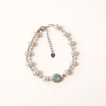 Women's Beaded Bracelet with Simulated Pearls and Aquatic Crystal Centerpiece