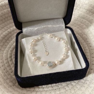 Women's Beaded Bracelet with Simulated Pearls and Aquatic Crystal Centerpiece
