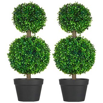 Set of 2 Artificial Boxwood Topiary Trees Ball Shape with Pot for Porch Patio