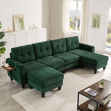 Pnronnc Modular Sectional Sofa Couch, U Shaped Chenille Sofa with Ottomans USB Ports & Side Tables