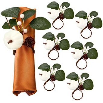 6 pc White Pumpkin Eucalyptus Napkin Rings Fall Thanksgiving Table Decor