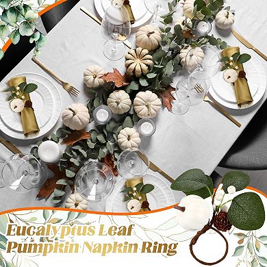 6Pcs White Pumpkin Eucalyptus Napkin Rings Fall Thanksgiving Table Decor