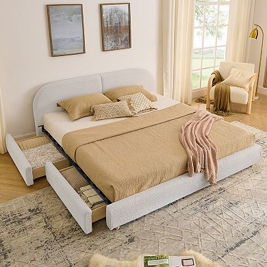 Pnronnc Upholstered Bed Frame King Size Platform Bed with Curved Headboard 4 Wheeled Storage Drawers
