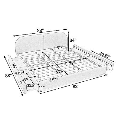 Pnronnc Upholstered Bed Frame King Size Platform Bed with Curved Headboard 4 Wheeled Storage Drawers
