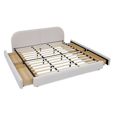 Pnronnc Upholstered Bed Frame King Size Platform Bed with Curved Headboard 4 Wheeled Storage Drawers