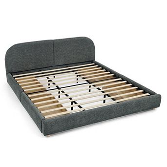 Pnronnc Upholstered Bed Frame King Size Platform Bed with Curved Headboard 4 Wheeled Storage Drawers