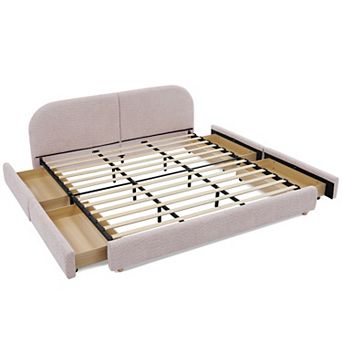 Pnronnc Upholstered Bed Frame King Size Platform Bed with Curved Headboard 4 Wheeled Storage Drawers