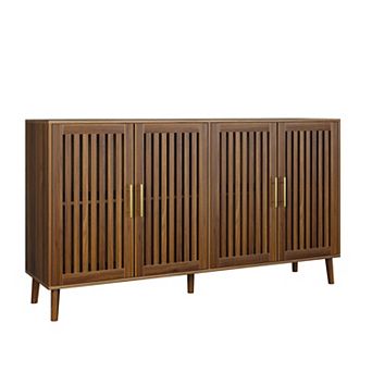 63 inch Walnut Sideboard Buffet Cabinet With Storage ,Grille-Striped 4 Doors Sideboard