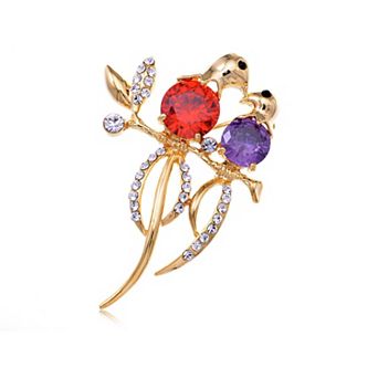 Elegant Wedding Gold Plated Love Bird Brooch with Red & Purple Crystal Accents for Women
