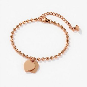 Beaded Bracelet with Dual Heart Charms Elegant Polished Metal Accents Adjustable Chain Detail
