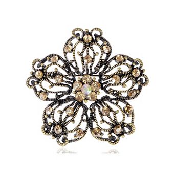 Intricate Vintage Inspired Antique Tone Multicolored Floral Crystal Flower Brooch Pin