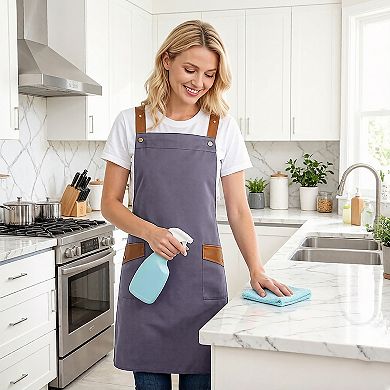 Canvas Kitchen Apron with Adjustable Shoulder Straps Multi Pocket Work Apron for Cooking Cleaning