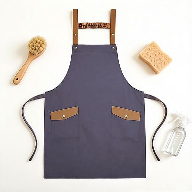 Canvas Kitchen Apron with Adjustable Shoulder Straps Multi Pocket Work Apron for Cooking Cleaning