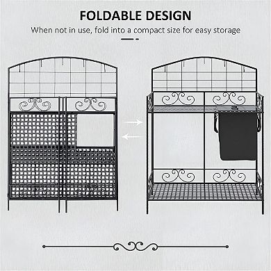 Folding Garden Work Bench with Shelves, Hooks, and Storage Bag for Patio, Greenhouse