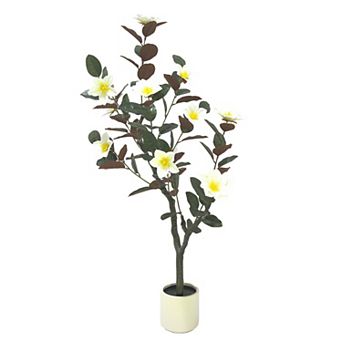 5FT Artificial Magnolia Tree with Blooming Flowers and Leaves, Realistic Faux Plant in Pot for Home