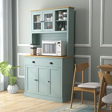 Pantry Storage Cabinet with Open Counter, Adjustable Shelves, and Drawers