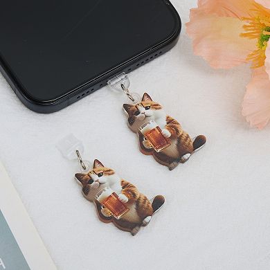 Cat Pendants Dust Plug Charm for Type-C Brown 2 Pcs