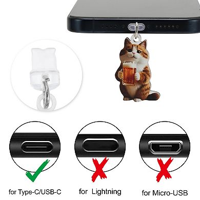 Cat Pendants Dust Plug Charm for Type-C Brown 2 Pcs