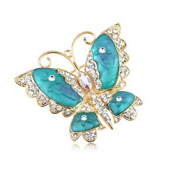 Crystal Blue Green Cartoon Carved Wing Butterfly Pin Brooch