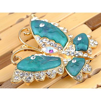 Crystal Blue Green Cartoon Carved Wing Butterfly Pin Brooch
