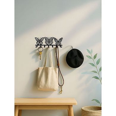 Wall-Mounted Butterfly Key Rack Metal Holder with 7 Hooks for Entryway or Kitchen