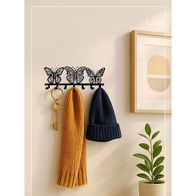 Wall-Mounted Butterfly Key Rack Metal Holder with 7 Hooks for Entryway or Kitchen