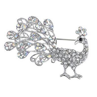 Silver Tone Clear Crystal Rhinestone Peacock Bird Hollow Curled Tail Feather Brooch Pin