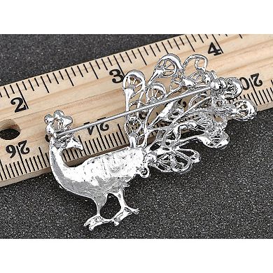 Silver Tone Clear Crystal Rhinestone Peacock Bird Hollow Curled Tail Feather Brooch Pin