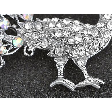 Silver Tone Clear Crystal Rhinestone Peacock Bird Hollow Curled Tail Feather Brooch Pin