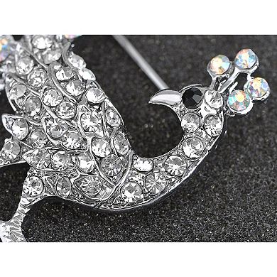 Silver Tone Clear Crystal Rhinestone Peacock Bird Hollow Curled Tail Feather Brooch Pin