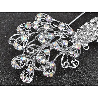 Silver Tone Clear Crystal Rhinestone Peacock Bird Hollow Curled Tail Feather Brooch Pin