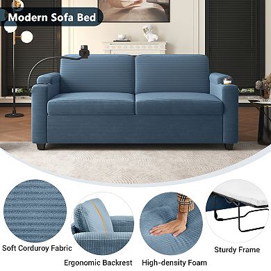 Pnronnc Sleeper Sofa, Convertible Loveseat Sofa Bed with Two USB Ports, Cup Holders & Phone Holder