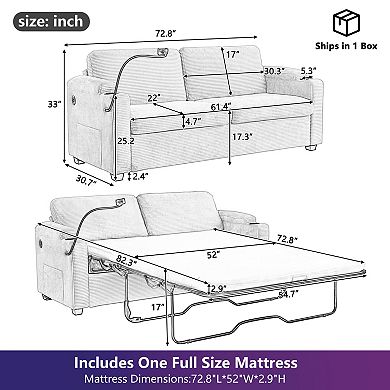 Pnronnc Sleeper Sofa, Convertible Loveseat Sofa Bed with Two USB Ports, Cup Holders & Phone Holder