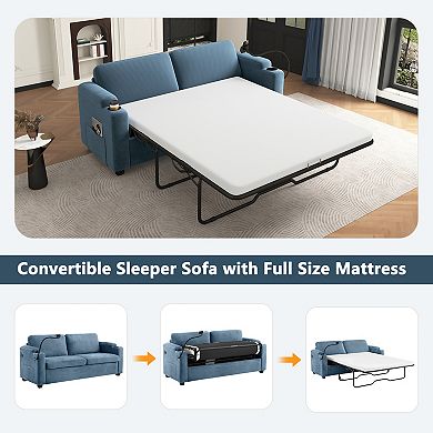 Pnronnc Sleeper Sofa, Convertible Loveseat Sofa Bed with Two USB Ports, Cup Holders & Phone Holder