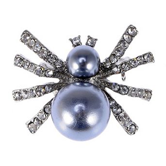 Cute Petite Faux Pearl Clear Crystal Rhinestone Spider Halloween Pin Brooch