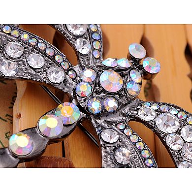 Gunmetal Tone Clear Rainbow Rhinestones Dragonfly Insect Brooch Pin