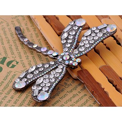 Gunmetal Tone Clear Rainbow Rhinestones Dragonfly Insect Brooch Pin