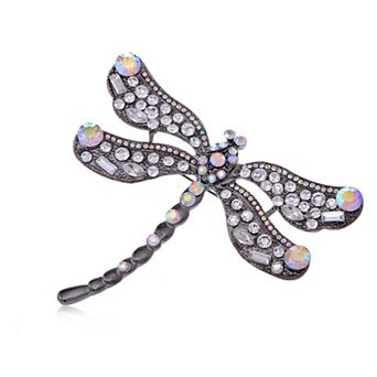 Gunmetal Tone Clear Rainbow Rhinestones Dragonfly Insect Brooch Pin