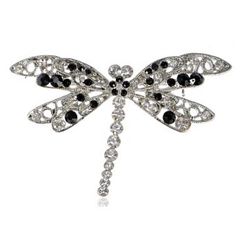 Silvery Tone Jet Black Rhinestones Dragonfly Insect Wings Brooch Pin