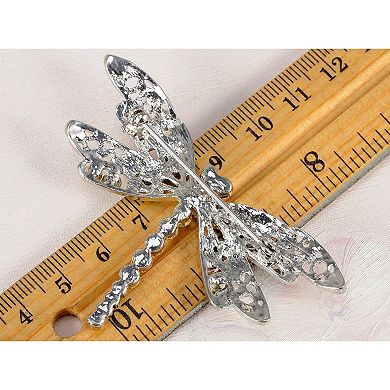 Silvery Tone Jet Black Rhinestones Dragonfly Insect Wings Brooch Pin