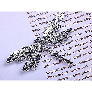 Silvery Tone Jet Black Rhinestones Dragonfly Insect Wings Brooch Pin