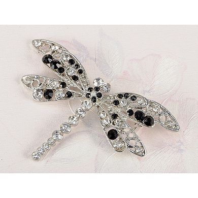 Silvery Tone Jet Black Rhinestones Dragonfly Insect Wings Brooch Pin