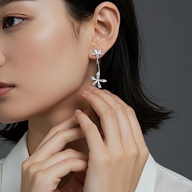 Women's Double Layer Flower Drop Earrings with Metallic Petal Design